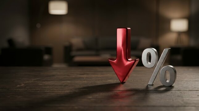Falling Financial Trend Concept: Metallic Red Arrow and Silver Percentage Symbol on Wooden Office Desk