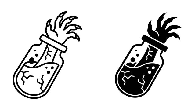 Mysterious Potion with Monster Hand: A gnarled, monstrous hand with sharp claws emerges from a cracked glass bottle filled with swirling liquid, symbolizing dark magic or a strange concoction.