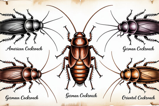 Four close-up images of brown cockroaches on a plain surface Vector