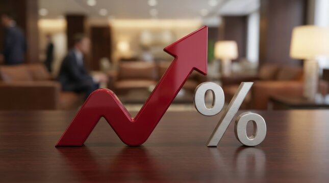 Falling Financial Trend Concept: Metallic Red Arrow and Silver Percentage Symbol on Wooden Office Desk