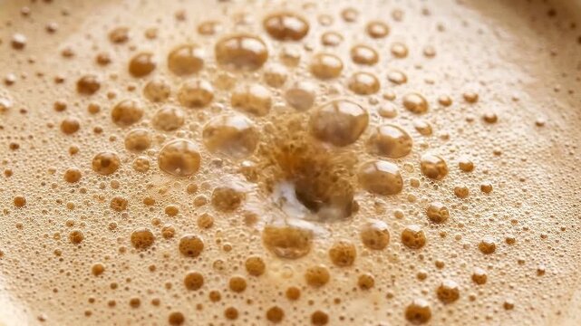 Slow motion close up tracking shot of coffee crema bubbles rising and pooling on cup surface during pour in cafe or kitchen morning routine
