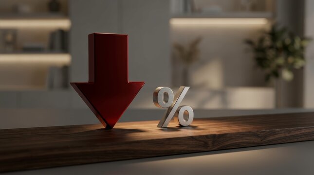 Falling Financial Trend Concept: Metallic Red Arrow and Silver Percentage Symbol on Wooden Office Desk