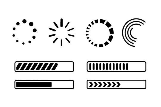 Set of black loading icons and progress bars on white