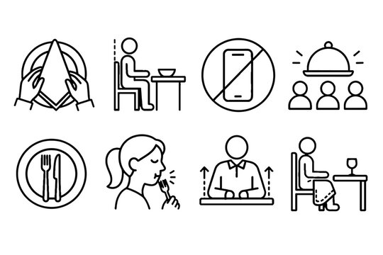 Restaurant dining etiquette and table manners line icon set