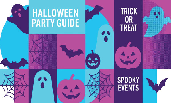 Modern Halloween Party Guide Poster Design with Neon Pink and Cyan Vector Grid Pattern Featuring Spooky Ghosts Pumpkins Jack O Lanterns Bats and Spiderwebs