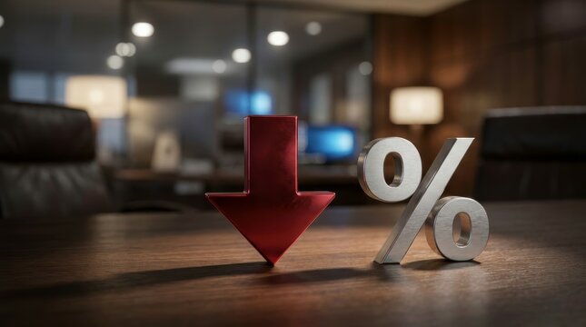 Falling Financial Trend Concept: Metallic Red Arrow and Silver Percentage Symbol on Wooden Office Desk