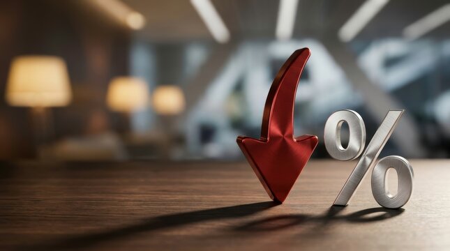 Falling Financial Trend Concept: Metallic Red Arrow and Silver Percentage Symbol on Wooden Office Desk