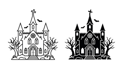 Gothic Church Silhouette with Bats: An eerie gothic church, depicted in both line art and silhouette, stands amidst bare trees under a moonlit sky, with bats fluttering around its steeple. © Md