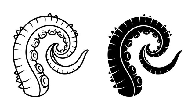 Tentacle Duo: A pair of detailed illustrations, one in black and white outline and the other a solid black silhouette, showcasing a stylized tentacle with its signature suckers and curling form.