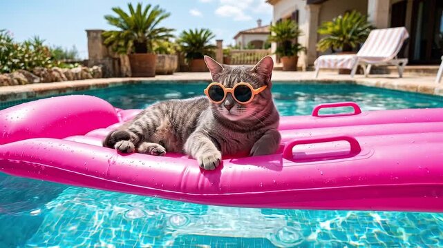 Slow motion tracking dolly shot of tabby cat lounging on pink inflatable float with sunglasses in villa poolside backyard during sunny daytime summer leisure