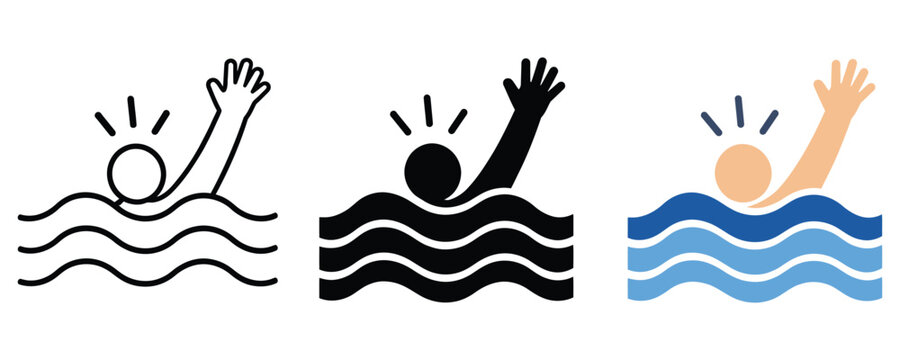 Drowning person help gesture icon set representing danger in water with drowning