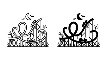 Roller Coaster Thrill: A stylized depiction of a roller coaster at night, featuring loops, drops, and a spooky Halloween theme with bats and a crescent moon, evoking excitement and adventure. © mdmv9