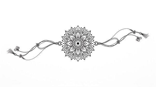 Detailed black and white line art illustration of a rakhi bracelet with illustration monochrome ornament bracelet