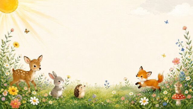 Landscape nursery meadow background with baby woodland animals, flowers, sunshine, and blank copy space