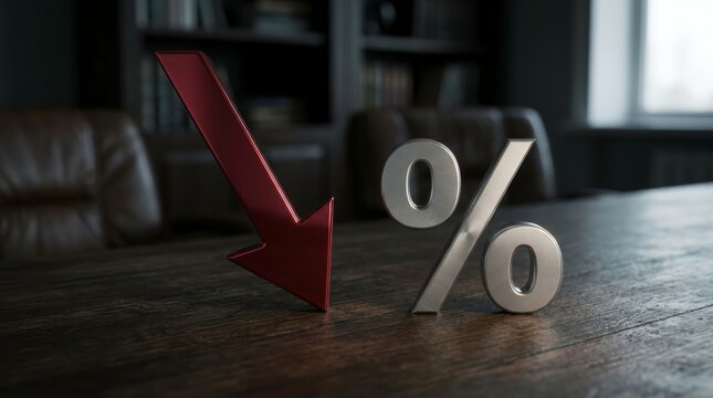 Falling Financial Trend Concept: Metallic Red Arrow and Silver Percentage Symbol on Wooden Office Desk