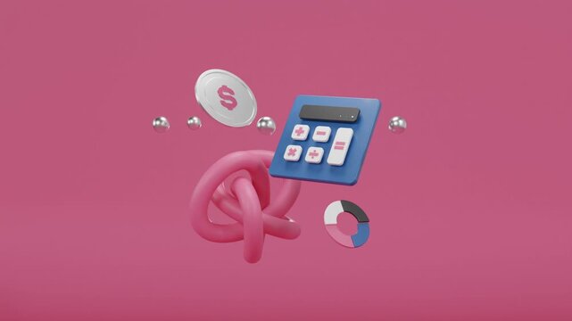 Abstract 3D animation of Blue calculator with silver dollar coin and geometric elements rotating on a Pink background. Financial calculation and currency exchange concept for banking promotions