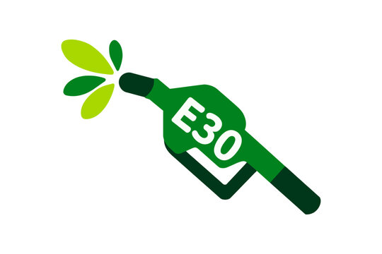 E30 Ethanol Fuel Nozzle with Green Leaves Isolated on White Background