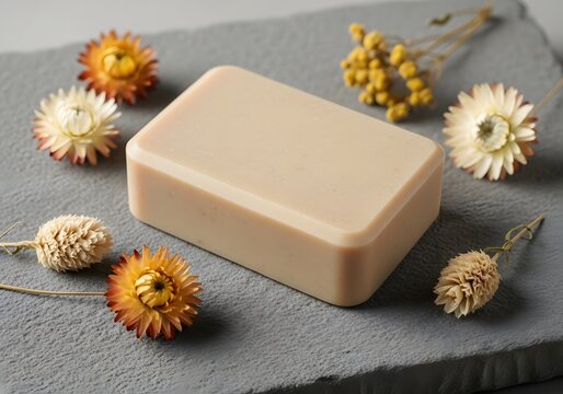 Rectangular bar of plain, light brown soap sits on a dark slate surface surrounded by dried strawflower and foliage elements.