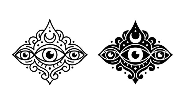 Mystical Third Eye Symbol: An artistic representation of the mystical third eye, adorned with celestial crescent moon and intricate decorative elements, symbolizing insight and spiritual awareness.
