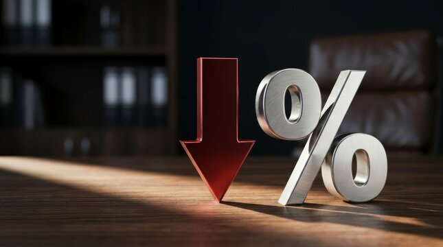 Falling Financial Trend Concept: Metallic Red Arrow and Silver Percentage Symbol on Wooden Office Desk