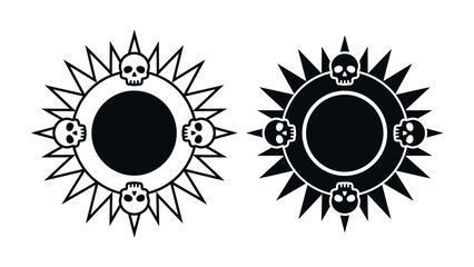 Sun with Skulls Emblem: A striking circular emblem featuring a stylized sun with sharp rays, adorned with small skull icons, presented in both black and white versions. © Md