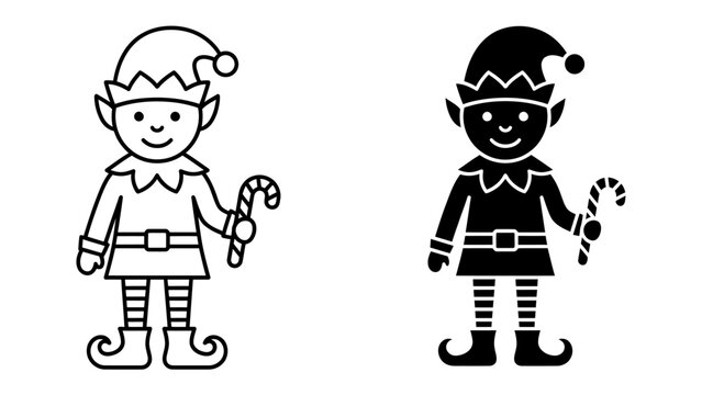 Christmas Elf Duo: A charming duo of Christmas elves, one outlined and one silhouetted, each holding a candy cane, embodying holiday spirit and festive cheer.
