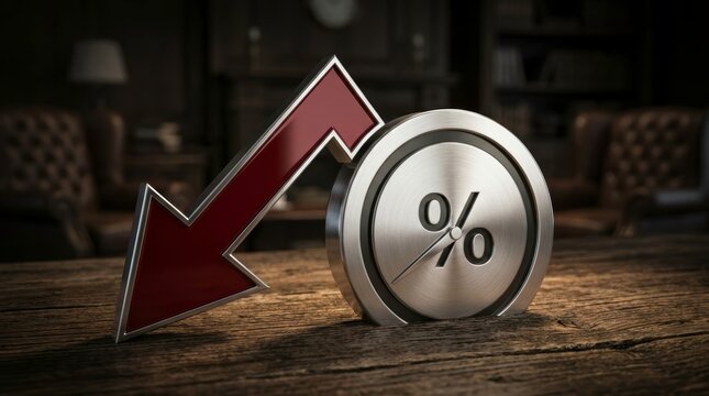 Falling Financial Trend Concept: Metallic Red Arrow and Silver Percentage Symbol on Wooden Office Desk