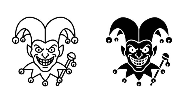 Jester's Grin: A sinister jester, depicted in both line art and silhouette, grins wickedly while holding a jester's scepter, embodying mischief and carnival fun.