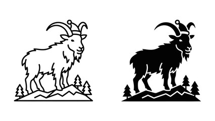 Goat on Snowy Peak with Santa Hat: A stylized depiction of a goat wearing a Santa hat stands proudly on a snowy mountain peak, surrounded by pine trees, representing a festive winter scene. © mrs