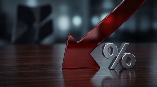 Falling Financial Trend Concept: Metallic Red Arrow and Silver Percentage Symbol on Wooden Office Desk