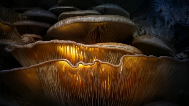 Backlit macro video of large mushroom gills glowing amber in the dark.