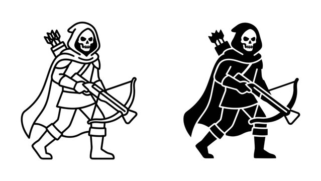 Grim Reaper Archer Silhouette: A striking graphic depicts a cloaked figure with a skull for a face, wielding a crossbow and a quiver of arrows, ready for action.
