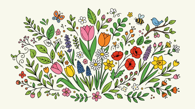 Colorful flowers and leaves arrangement.