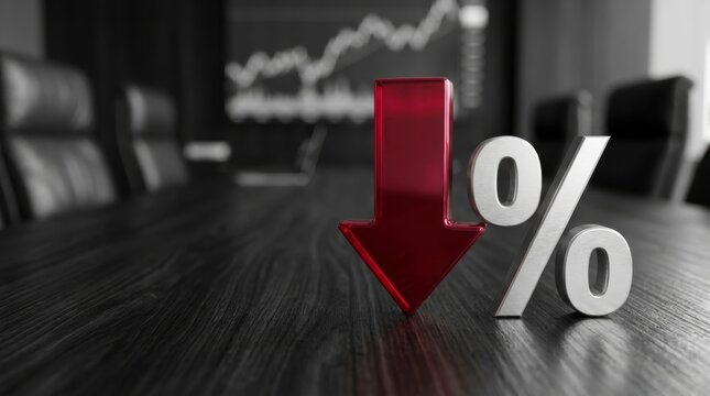 Falling Financial Trend Concept: Metallic Red Arrow and Silver Percentage Symbol on Wooden Office Desk