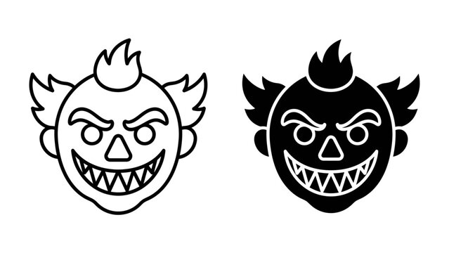 Creepy Clown Icon: A stylized illustration of a sinister clown's face, depicted in both outline and solid black, featuring sharp teeth and an unsettling grin.
