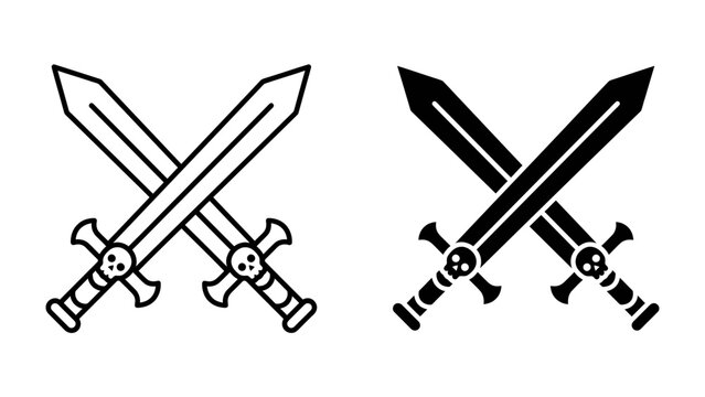 Crossed Swords Emblem: Two stylized swords, one outlined and one solid black, are crossed in an iconic emblem representing conflict, combat, or a heraldic symbol.