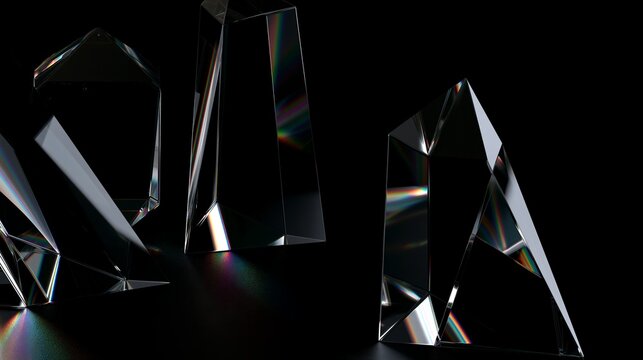 Geometric 3D Crystal Prism Shapes with Light Diffraction on Black Background
