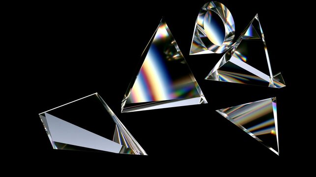 Geometric 3D Crystal Prism Shapes with Light Diffraction on Black Background
