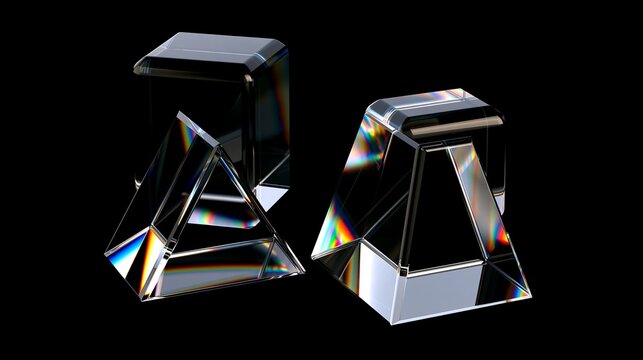 Geometric 3D Crystal Prism Shapes with Light Diffraction on Black Background
