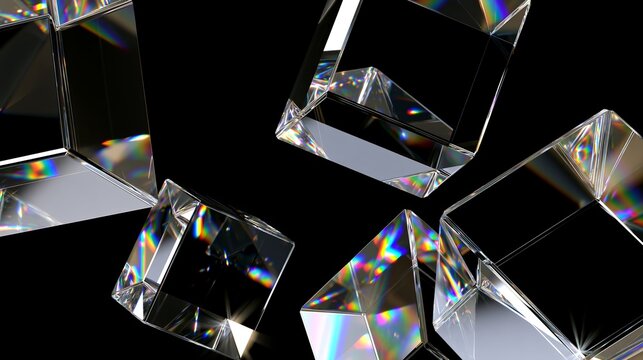 Geometric 3D Crystal Prism Shapes with Light Diffraction on Black Background