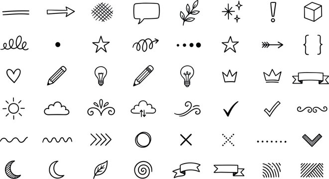 Hand Drawn Doodle Vector Element Set with Arrows, Stars, Hearts, Leaves, and Abstract Graphic Symbols for Journaling, Planning, and Creative Designs