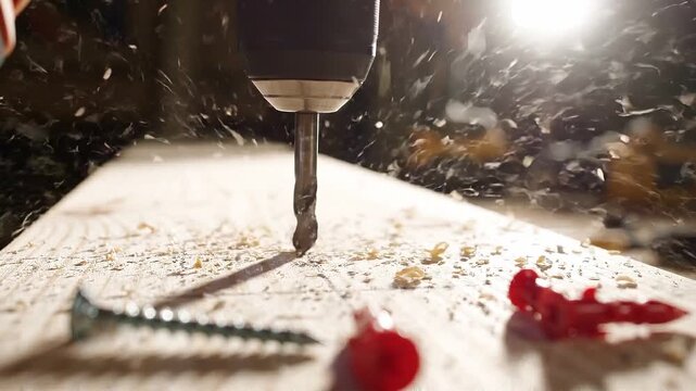 Drill bit bores into wood plank with screws nearby as sawdust scatters across surface