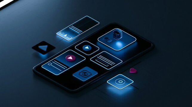 Futuristic Smartphone App Development Interface with Isometric UI UX Design Elements