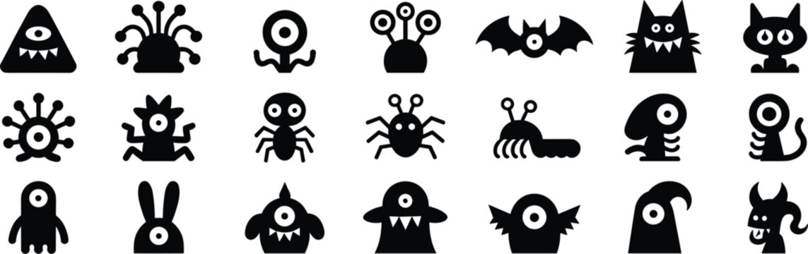 Collection of black monster silhouettes with one eye and various shapes isolated on a white background, for fantasy and, children themes
