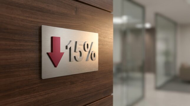 Falling Financial Trend Concept: Metallic Red Arrow and Silver Percentage Symbol on Wooden Office Desk