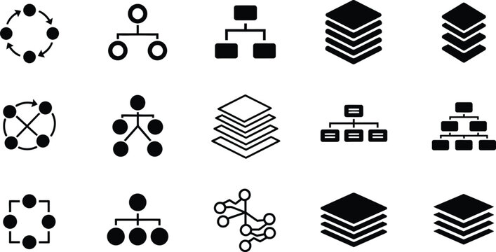 A collection of eleven and white icons depicting organizational structures, data layers, and network connections