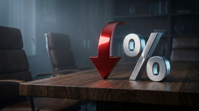 Falling Financial Trend Concept: Metallic Red Arrow and Silver Percentage Symbol on Wooden Office Desk