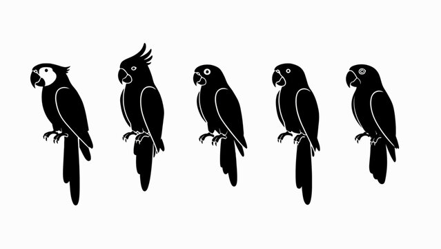 Black silhouette parrots perched on a white background, variety of birds