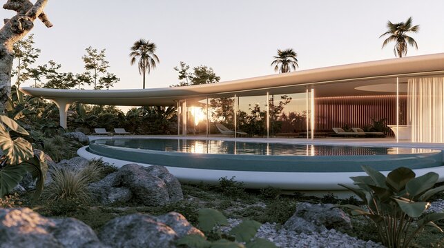 Modern Luxury Villa Exterior with Glass Walls and Infinity Pool at Golden Hour Sunset