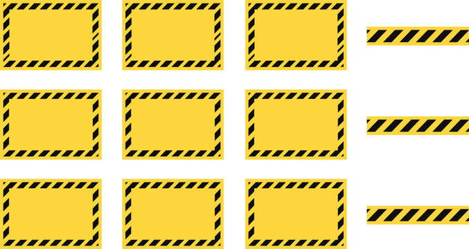 Yellow and Black Striped Hazard Warning Frame Vector Set with Blank Construction Caution Signs and Stripe Tapes for Industrial Safety, Danger Notice, and Attention Banner Graphic Designs